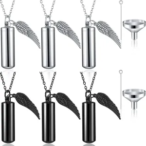 MTLEE Urn Necklace for Ashes Cremation Jewelry for Ashes, 6 Pieces Stainless Steel Cremation Jewelry for Women Men, Memorial Necklace Angel Keepsake Cylinder Pendant with Filling Kit