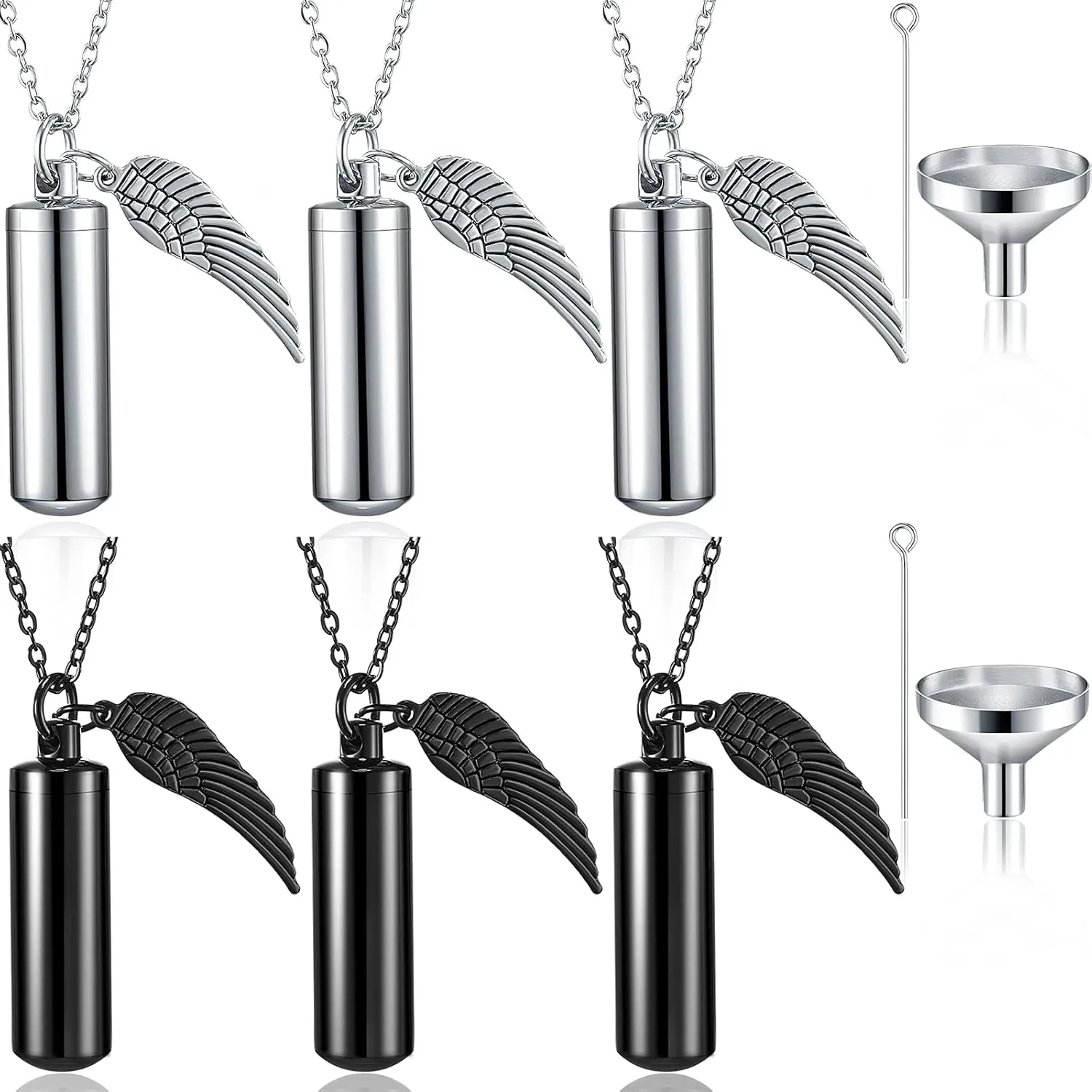 MTLEE Urn Necklace for Ashes Cremation Jewelry for Ashes, 6 Pieces Stainless Steel Cremation Jewelry for Women Men, Memorial Necklace Angel Keepsake Cylinder Pendant with Filling Kit