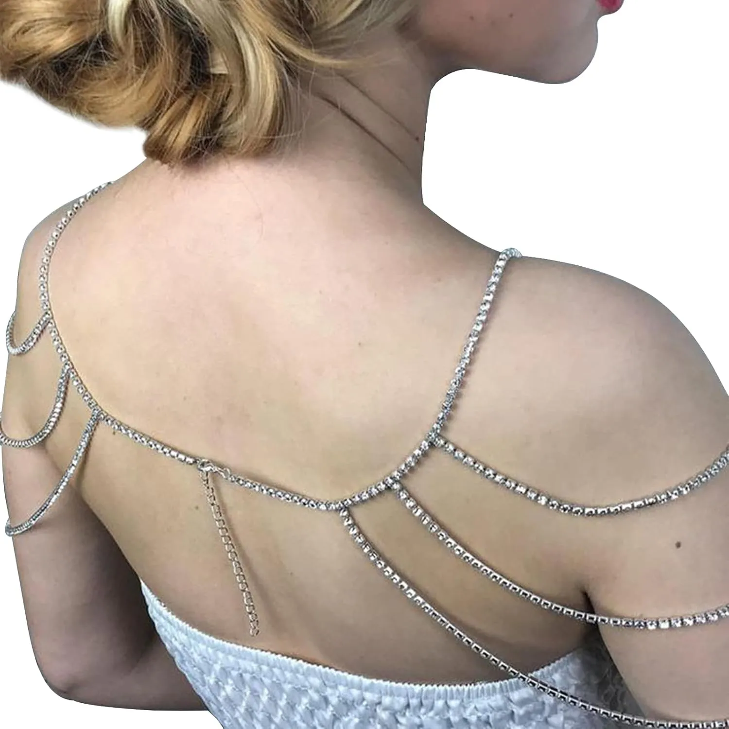 Multi-Layered Wedding Rhinestone Shoulder Chain Jewelry Crystal Bridal Necklace Sexy Rhinestone Body Chains Tassel Arm Chain Bridal Backdrop Jewelry for Women
