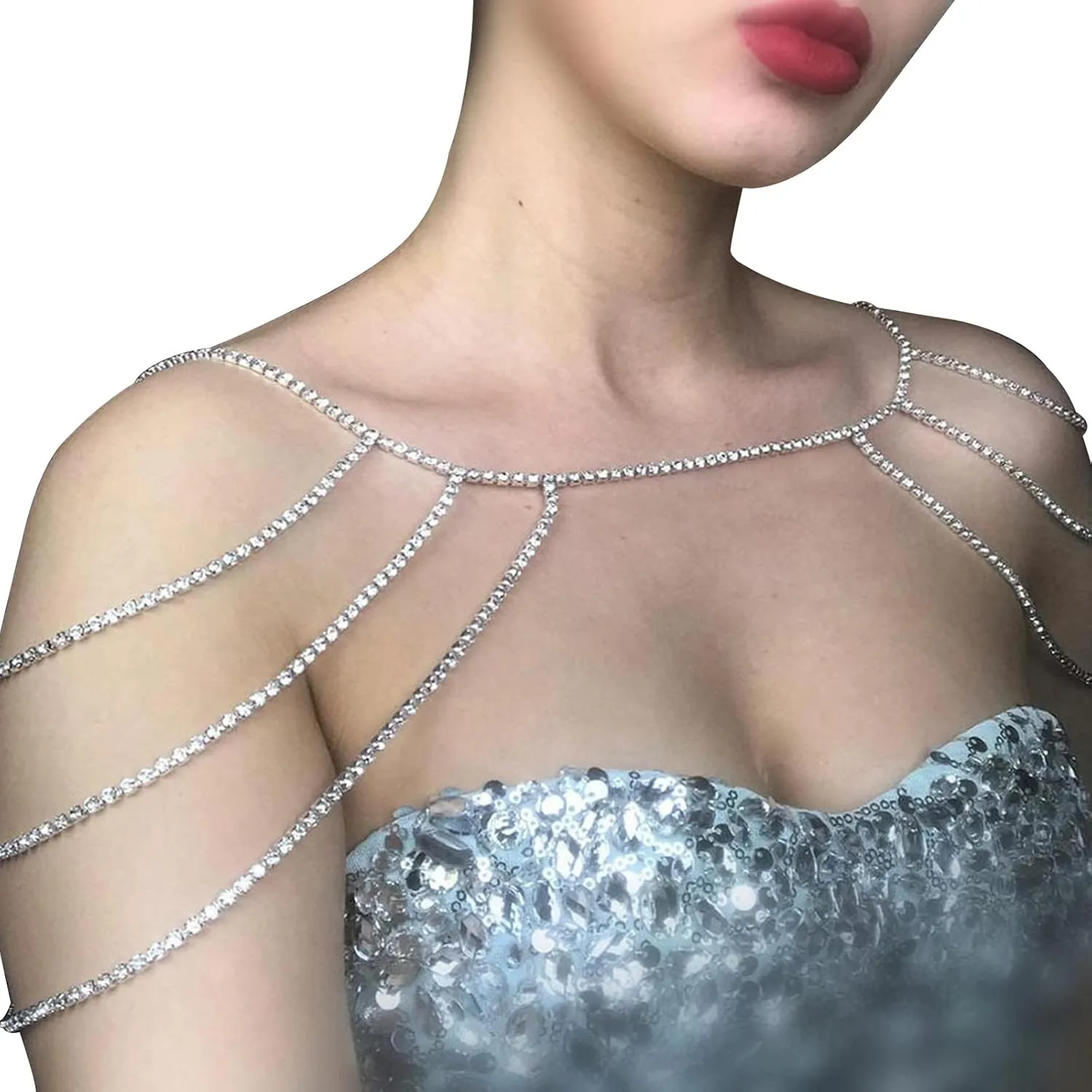 Multi-Layered Wedding Rhinestone Shoulder Chain Jewelry Crystal Bridal Necklace Sexy Rhinestone Body Chains Tassel Arm Chain Bridal Backdrop Jewelry for Women