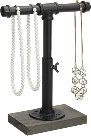 MyGift Adjustable Height Industrial Pipe Organizer Stand - Rustic T-Bar for Jewelry, Headphones, Medals, Kitchen Utensils & Display, Gray Wood Base (Black/Gray, Country Style)