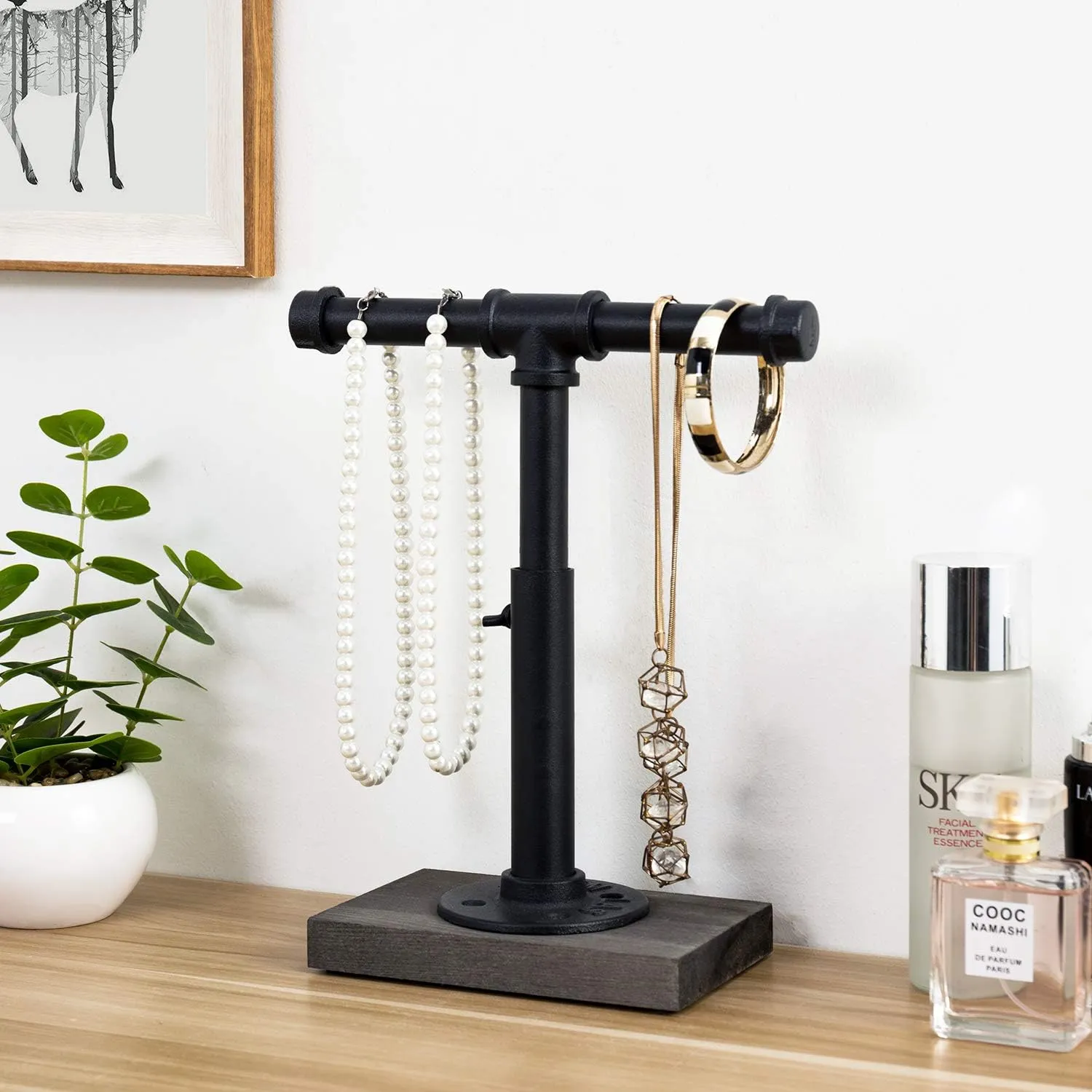 MyGift Adjustable Height Industrial Pipe Organizer Stand - Rustic T-Bar for Jewelry, Headphones, Medals, Kitchen Utensils & Display, Gray Wood Base (Black/Gray, Country Style)
