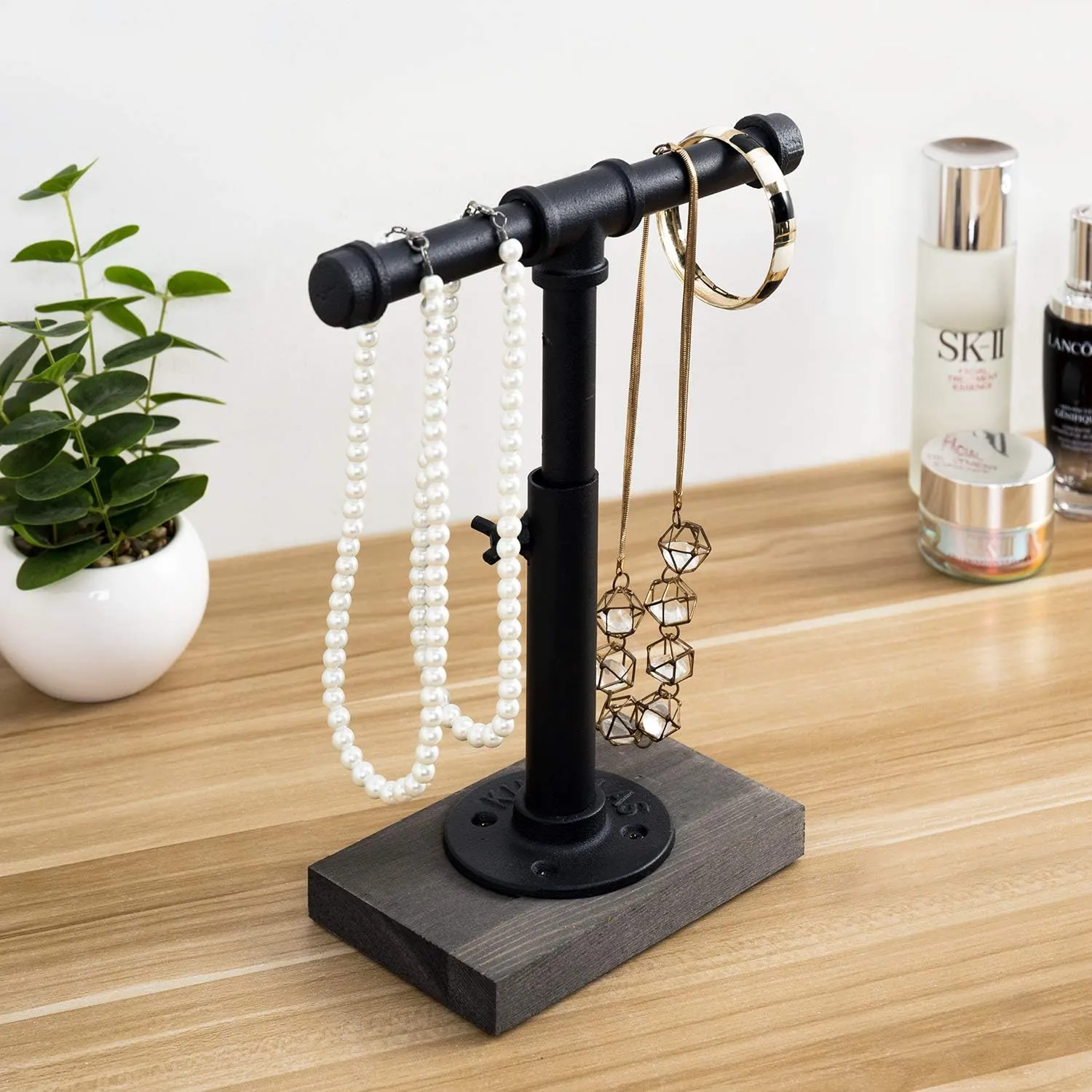MyGift Adjustable Height Industrial Pipe Organizer Stand - Rustic T-Bar for Jewelry, Headphones, Medals, Kitchen Utensils & Display, Gray Wood Base (Black/Gray, Country Style)