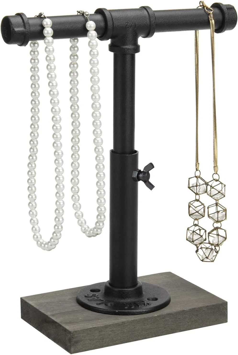 MyGift Adjustable Height Industrial Pipe Organizer Stand - Rustic T-Bar for Jewelry, Headphones, Medals, Kitchen Utensils & Display, Gray Wood Base (Black/Gray, Country Style)
