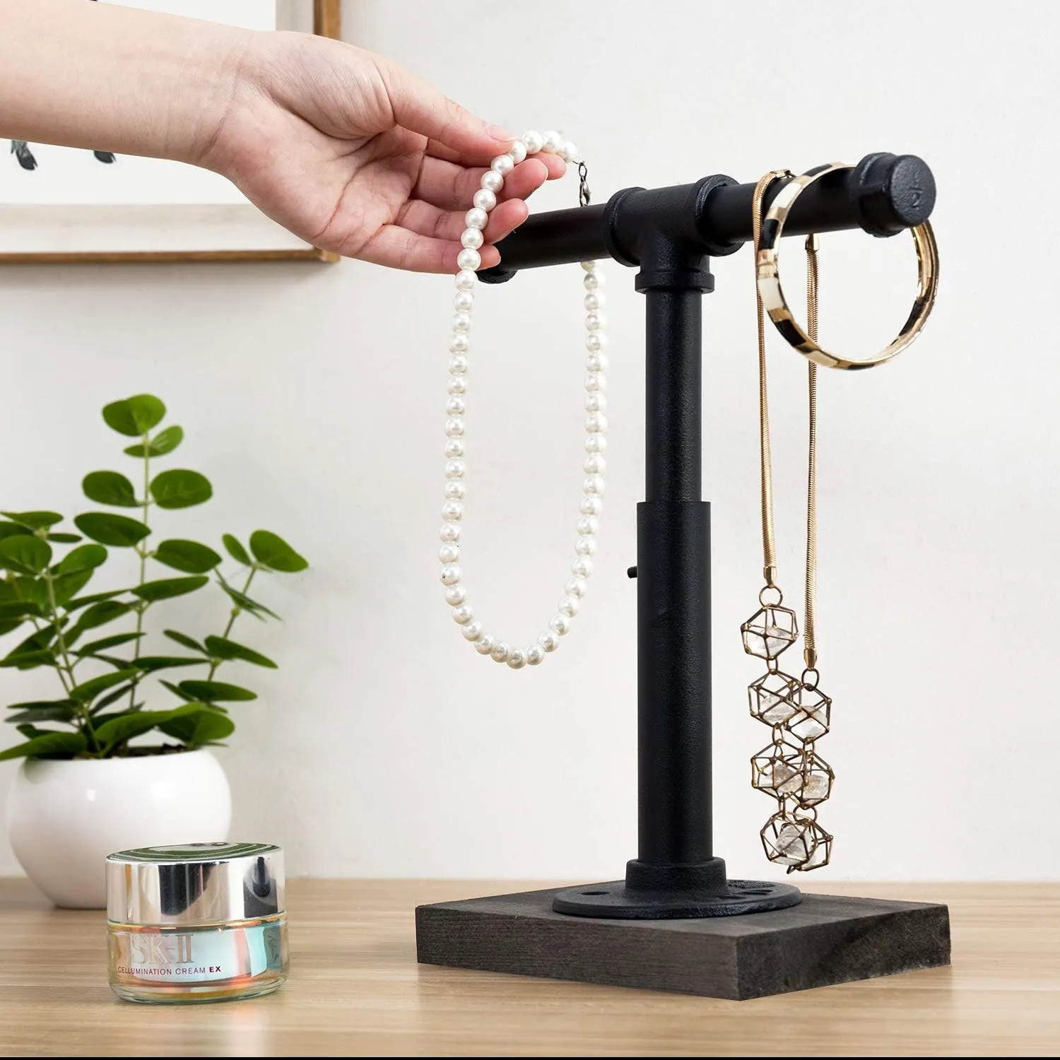 MyGift Adjustable Height Industrial Pipe Organizer Stand - Rustic T-Bar for Jewelry, Headphones, Medals, Kitchen Utensils & Display, Gray Wood Base (Black/Gray, Country Style)