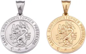 Mystart 2 Pieces Stainless Steel 25mm Saint Christopher Religious Medal Round Tag Necklace Pendants Charms