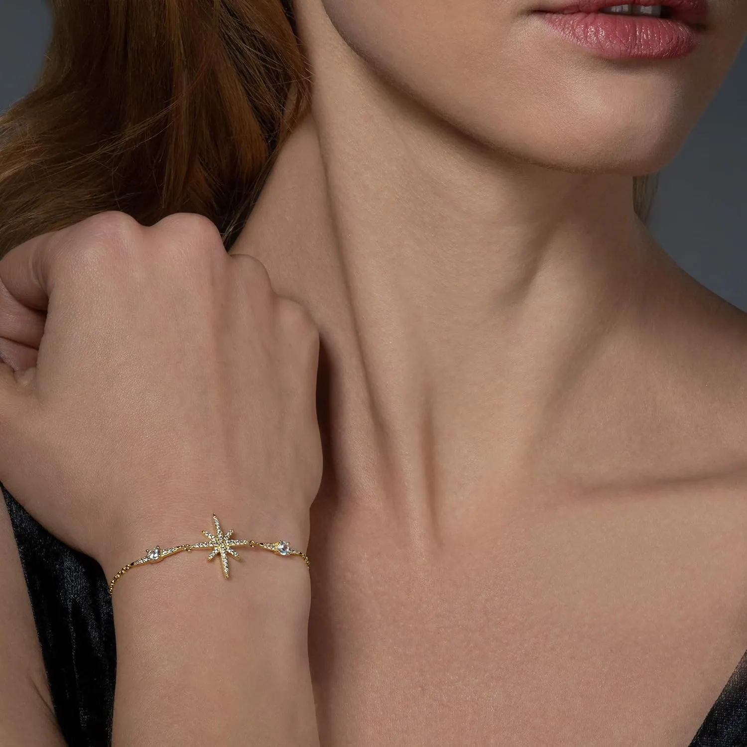 namana North Star Bracelet with Cubic Zirconia Stones, Stone Studded Silver, Gold or Rose Gold Bracelets for Women, Star Jewelry for Women, Lucky Star Adjustable Bracelet with Gift Box