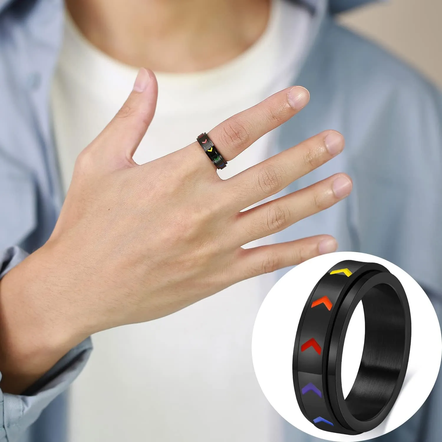Nanafast Stainless Steel Rainbow Spinner LGBT Pride Ring for Gay & Lesbian - Love is Love LGBTQ Anxiety Ring for Women Men