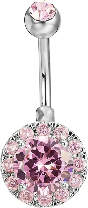 Navel Rings for Women Stainless Steel, CZ Navel Hoop Rings for Women Big Round Pendant Pink Navel Rings