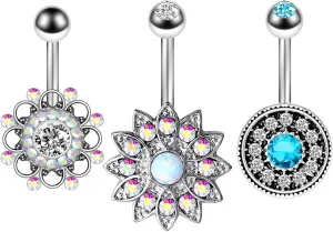 Navel Rings for Women Stainless Steel, CZ Women Navel Rings Flower And Pendant Silver Belly Rings