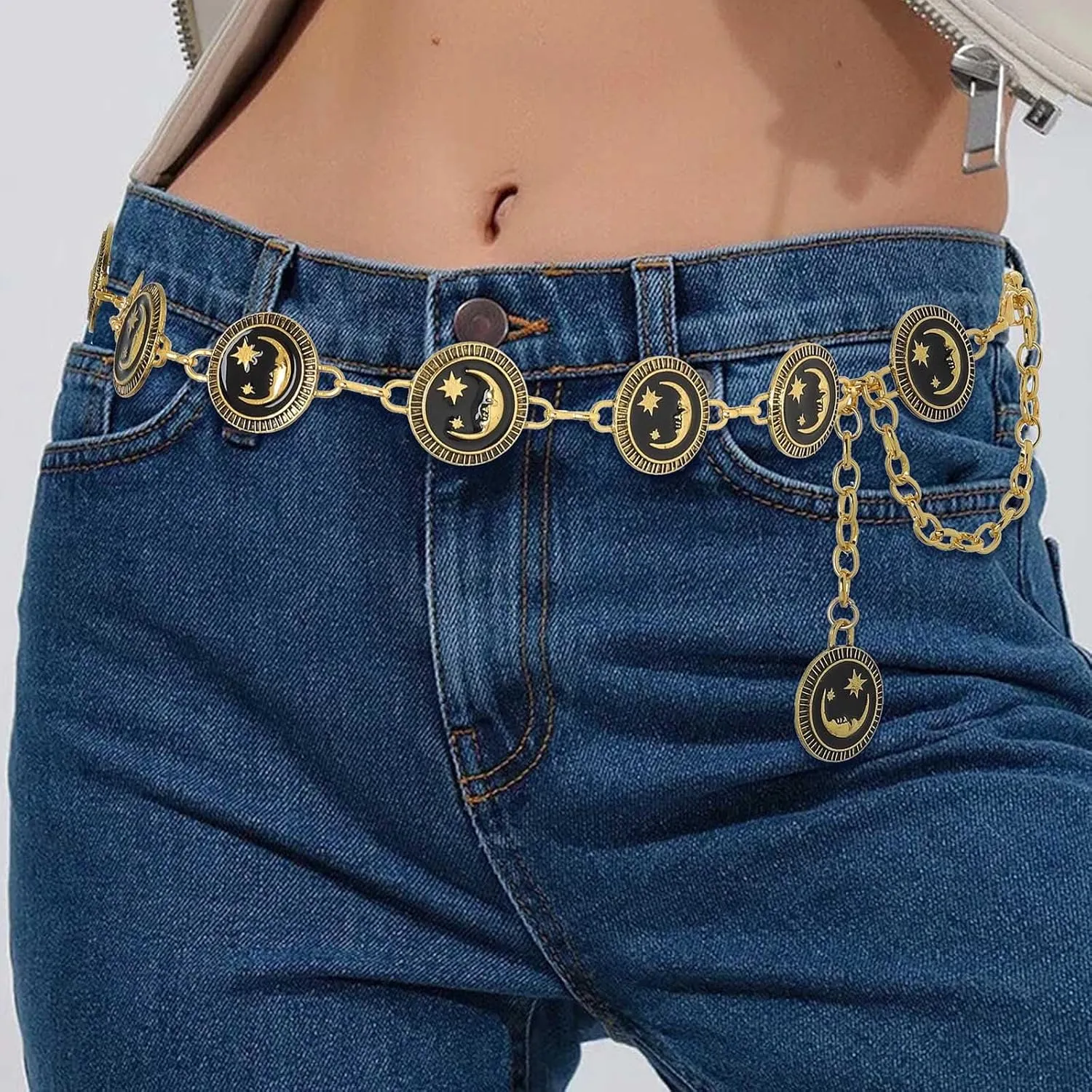 Navoky Moon Star Metal Waist Chain Gold Goth Belly Chain Belt Adjustable Body Jewelry Accessories for Women