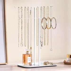 Necklace Holder Jewelry Organizer Stand  2Tier TBar Jewelry Display Tree with Tray for Countertop Necklace Bracelet Earring Storage, Vanity Dresser Bathroom Sink, White