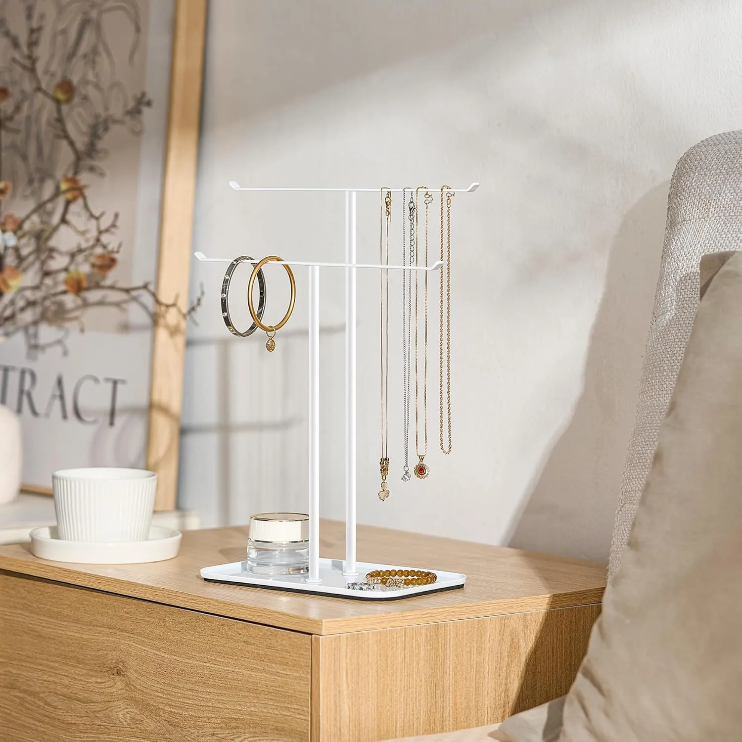 Necklace Holder Jewelry Organizer Stand  2Tier TBar Jewelry Display Tree with Tray for Countertop Necklace Bracelet Earring Storage, Vanity Dresser Bathroom Sink, White