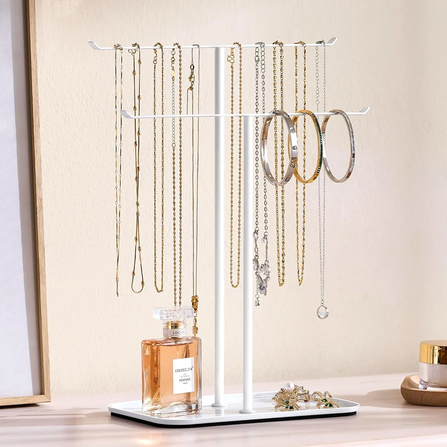 Necklace Holder Jewelry Organizer Stand  2Tier TBar Jewelry Display Tree with Tray for Countertop Necklace Bracelet Earring Storage, Vanity Dresser Bathroom Sink, White