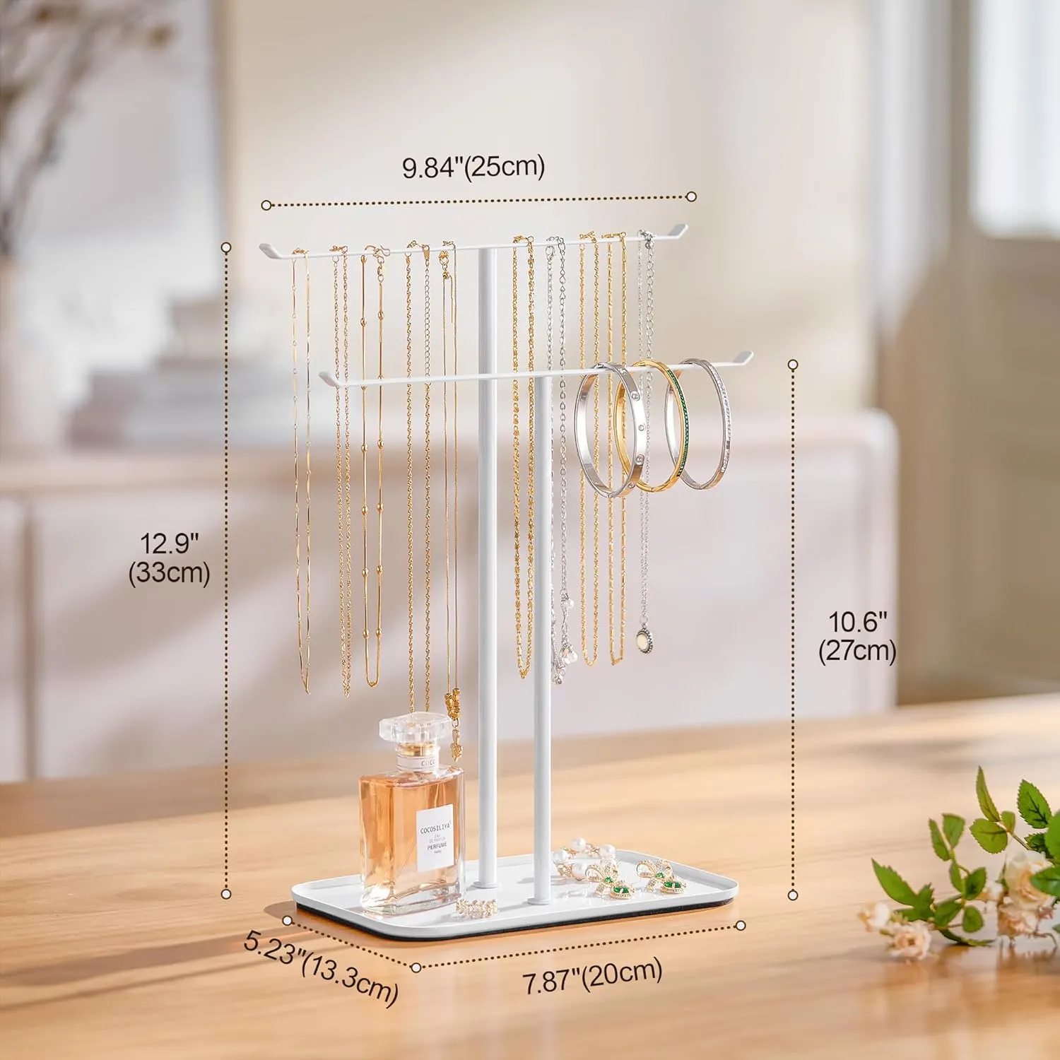 Necklace Holder Jewelry Organizer Stand  2Tier TBar Jewelry Display Tree with Tray for Countertop Necklace Bracelet Earring Storage, Vanity Dresser Bathroom Sink, White