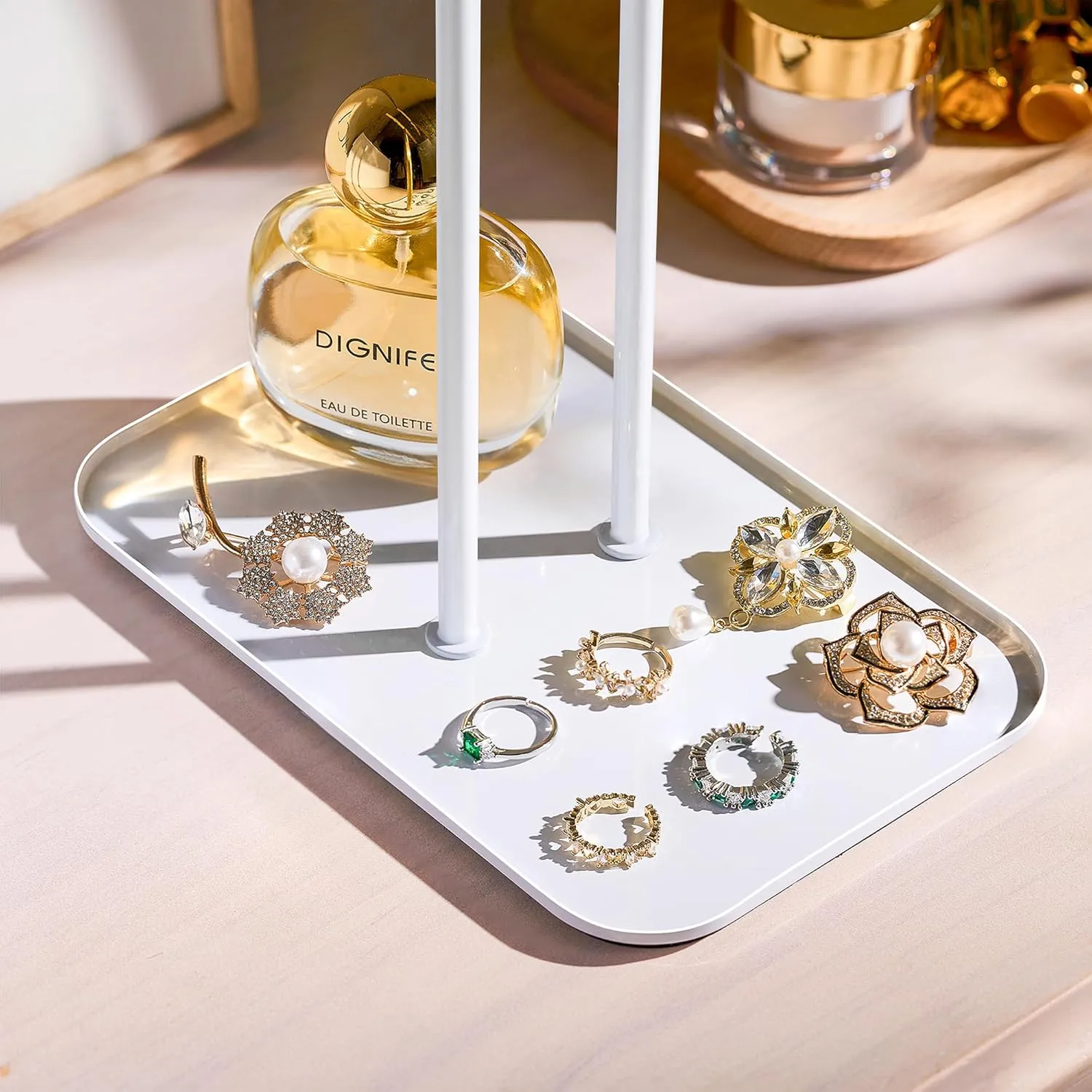 Necklace Holder Jewelry Organizer Stand  2Tier TBar Jewelry Display Tree with Tray for Countertop Necklace Bracelet Earring Storage, Vanity Dresser Bathroom Sink, White