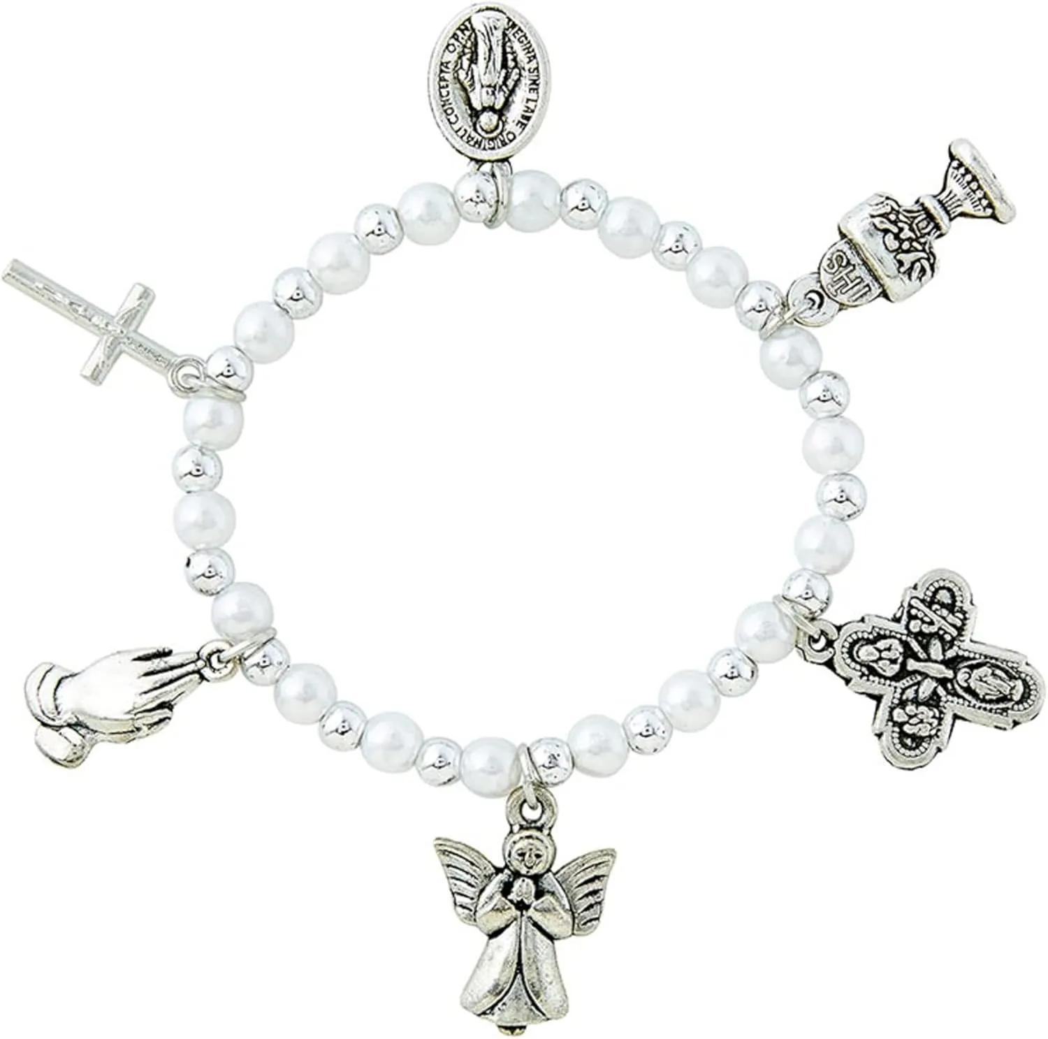 Needzo First Communion Charm Bracelet, Angel, Saint Benedict, Four Way Medal, Praying Hands, and Cross Pendants, One Size Fits Most