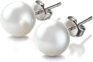 Nickel Free Sterling Silver White Freshwater Cultured Pearl Stud Earrings, Hypoallergenic Earrings with Genuine Cultured Pearls, Flat Back Button Pearl Earrings