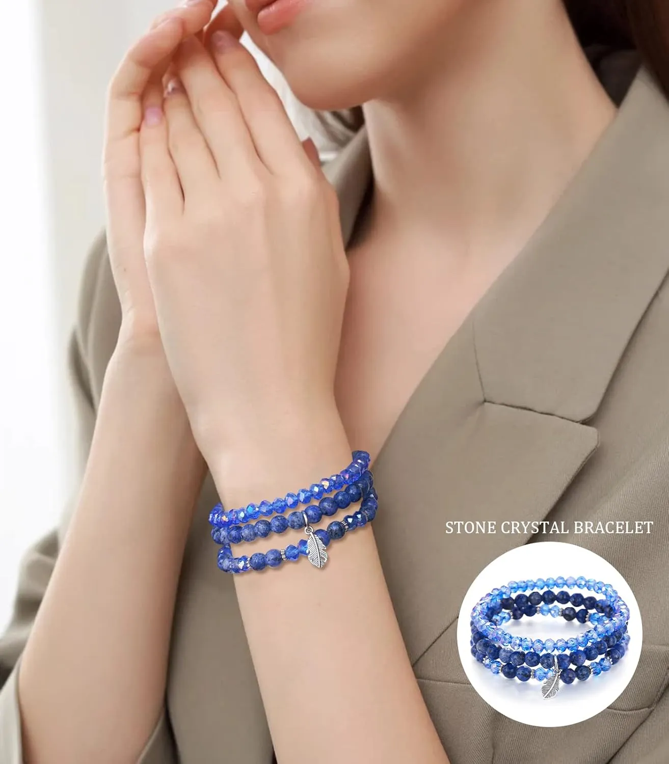 Noessla Stackable Crystal Beaded Bracelets for Women Boho Multi Layer Stretch Bracelets Natural Stone Bead Bracelet with Leaf Charm Jewelry for Women