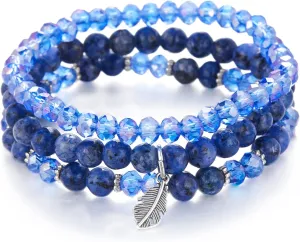 Noessla Stackable Crystal Beaded Bracelets for Women Boho Multi Layer Stretch Bracelets Natural Stone Bead Bracelet with Leaf Charm Jewelry for Women