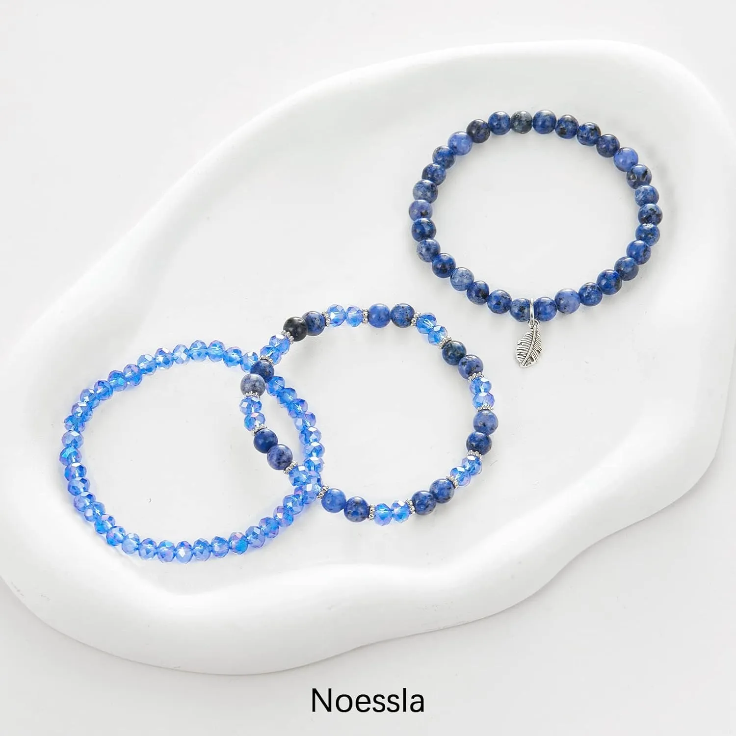Noessla Stackable Crystal Beaded Bracelets for Women Boho Multi Layer Stretch Bracelets Natural Stone Bead Bracelet with Leaf Charm Jewelry for Women