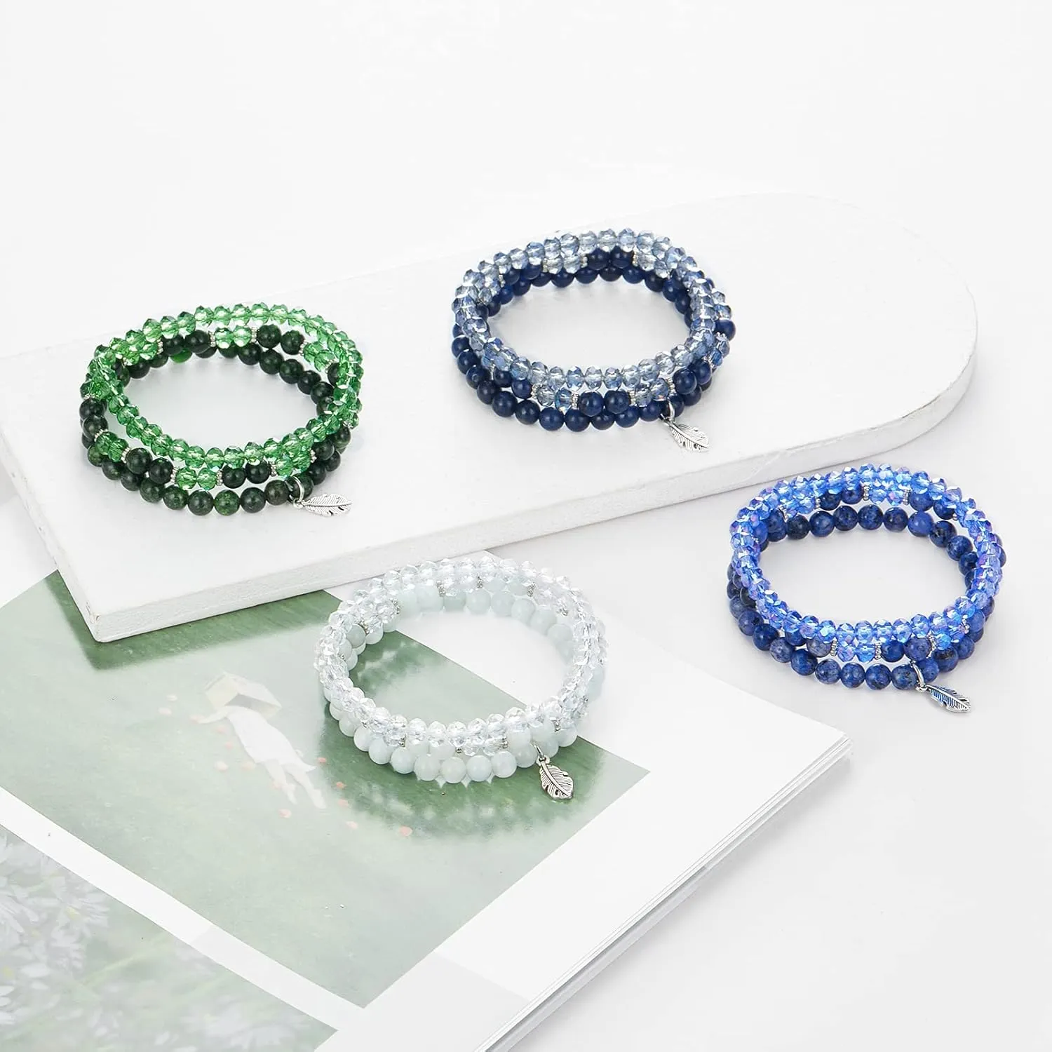 Noessla Stackable Crystal Beaded Bracelets for Women Boho Multi Layer Stretch Bracelets Natural Stone Bead Bracelet with Leaf Charm Jewelry for Women
