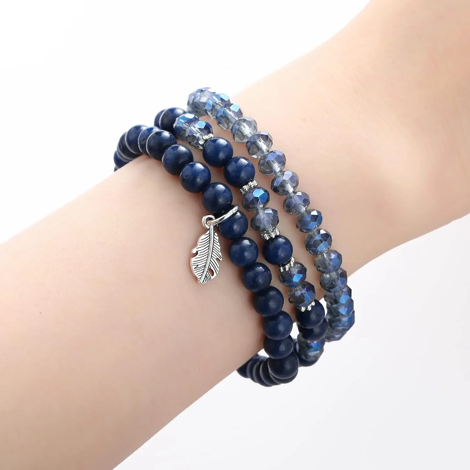 Noessla Stackable Crystal Beaded Bracelets for Women Boho Multi Layer Stretch Bracelets Natural Stone Bead Bracelet with Leaf Charm Jewelry for Women
