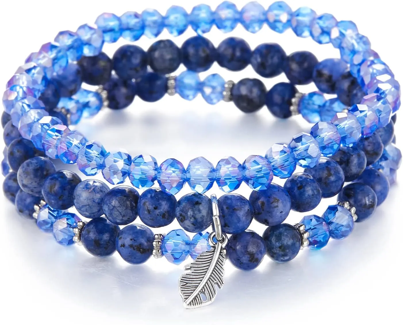 Noessla Stackable Crystal Beaded Bracelets for Women Boho Multi Layer Stretch Bracelets Natural Stone Bead Bracelet with Leaf Charm Jewelry for Women