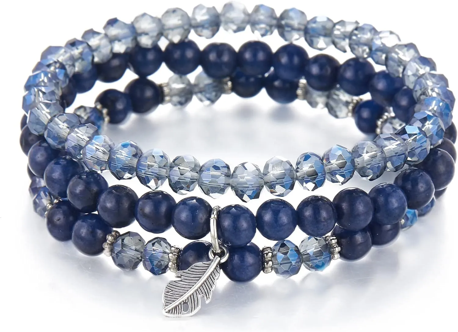 Noessla Stackable Crystal Beaded Bracelets for Women Boho Multi Layer Stretch Bracelets Natural Stone Bead Bracelet with Leaf Charm Jewelry for Women