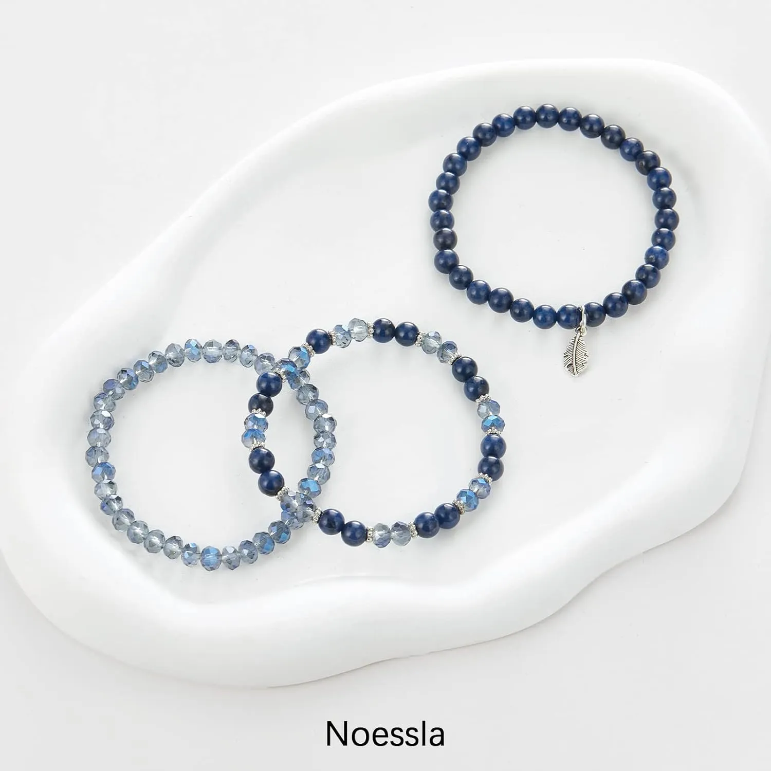 Noessla Stackable Crystal Beaded Bracelets for Women Boho Multi Layer Stretch Bracelets Natural Stone Bead Bracelet with Leaf Charm Jewelry for Women