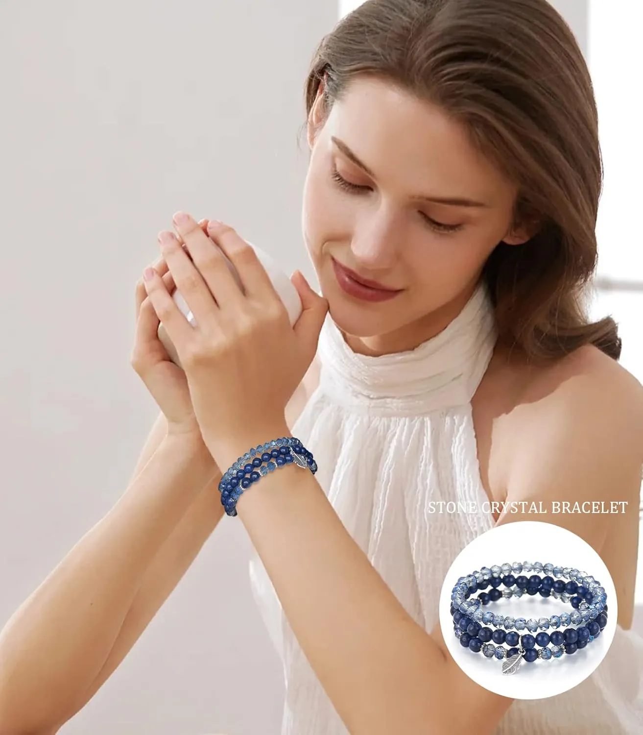 Noessla Stackable Crystal Beaded Bracelets for Women Boho Multi Layer Stretch Bracelets Natural Stone Bead Bracelet with Leaf Charm Jewelry for Women