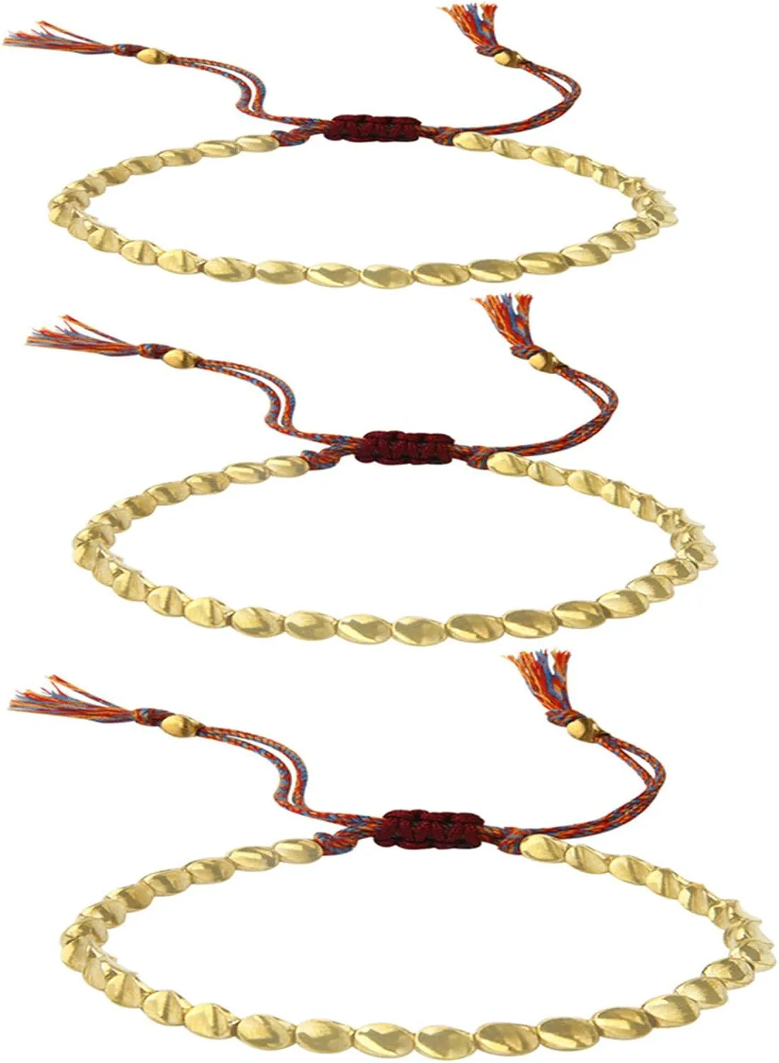 N/Q 3 Pcs Handmade Tibetan Copper Beads Bracelet for Women Men Adjustable Colorful Braided Cotton Lucky Amulet Rope Beaded Bracelet Fashion Unisex Jewelry