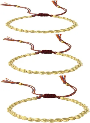 N/Q 3 Pcs Handmade Tibetan Copper Beads Bracelet for Women Men Adjustable Colorful Braided Cotton Lucky Amulet Rope Beaded Bracelet Fashion Unisex Jewelry