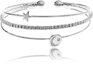 NTLX CZ Bangle Bracelets for Women - Cubic Zirconia Bracelet  CZ & Rhinestone 3 Line Memory Wire Bracelet  Silver, Gold, Rose Gold Plated - Moon & Star Design - with Gift Box included - Great Gift