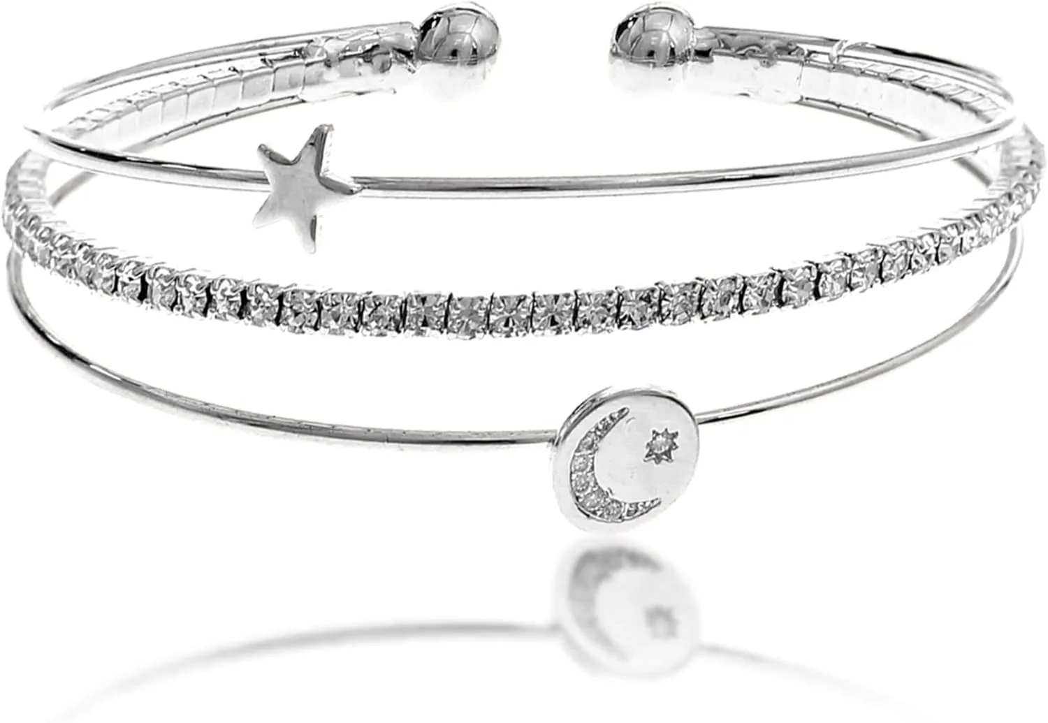 NTLX CZ Bangle Bracelets for Women - Cubic Zirconia Bracelet  CZ & Rhinestone 3 Line Memory Wire Bracelet  Silver, Gold, Rose Gold Plated - Moon & Star Design - with Gift Box included - Great Gift