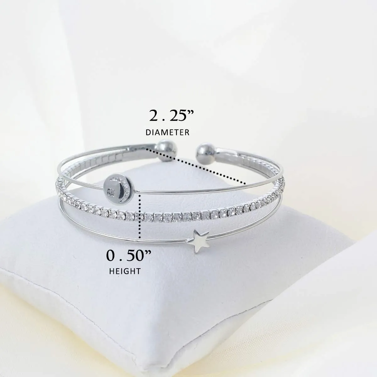 NTLX CZ Bangle Bracelets for Women - Cubic Zirconia Bracelet  CZ & Rhinestone 3 Line Memory Wire Bracelet  Silver, Gold, Rose Gold Plated - Moon & Star Design - with Gift Box included - Great Gift