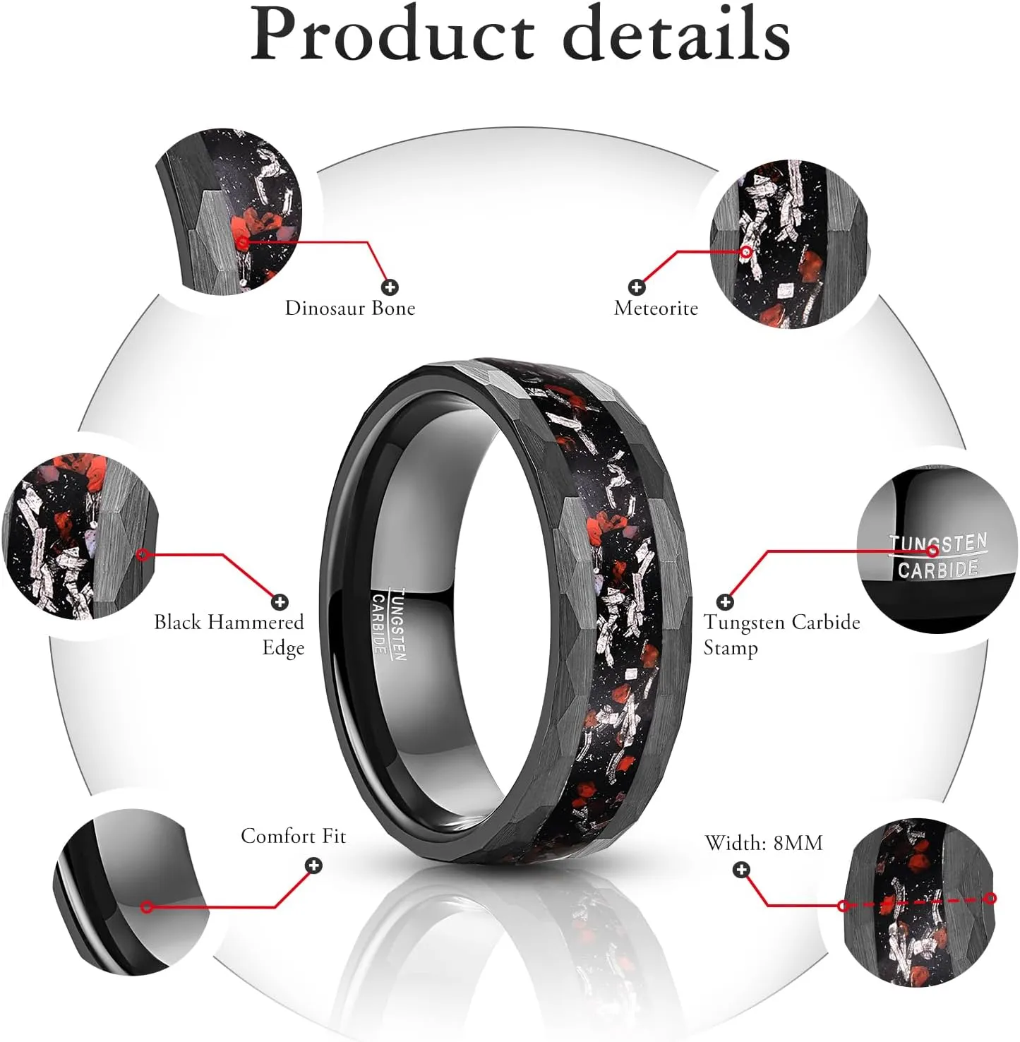 NUNCAD Engraved Personalized Black Tungsten Wedding Ring for Men Dinosaur Bone and Meteorite Inlay 8mm Black Engagement Ring Hammered Edge Comfort Fit Size 7-12