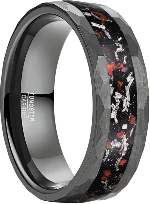 NUNCAD Engraved Personalized Black Tungsten Wedding Ring for Men Dinosaur Bone and Meteorite Inlay 8mm Black Engagement Ring Hammered Edge Comfort Fit Size 7-12