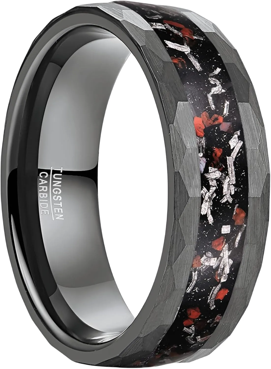 NUNCAD Engraved Personalized Black Tungsten Wedding Ring for Men Dinosaur Bone and Meteorite Inlay 8mm Black Engagement Ring Hammered Edge Comfort Fit Size 7-12