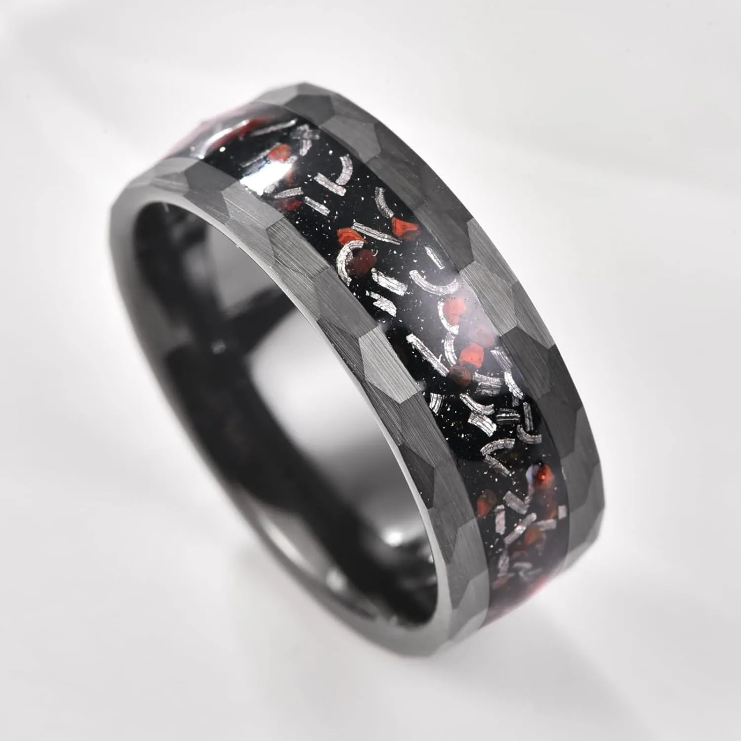 NUNCAD Engraved Personalized Black Tungsten Wedding Ring for Men Dinosaur Bone and Meteorite Inlay 8mm Black Engagement Ring Hammered Edge Comfort Fit Size 7-12