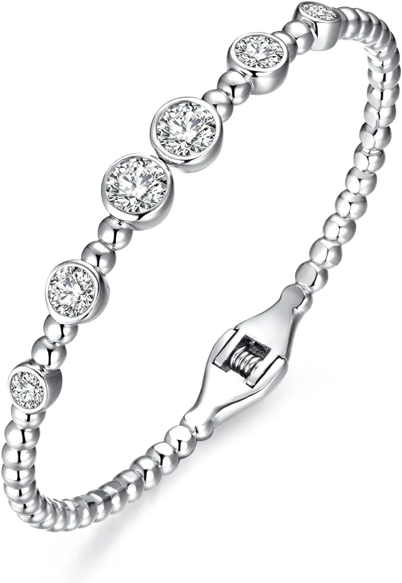 NUZON 18K Gold/Silver Plated Open Cuff Oval Bangles for Women AAA Cubic Zirconia Ball Beaded Stackable Bracelets Adjustable Minimalist Jewelry