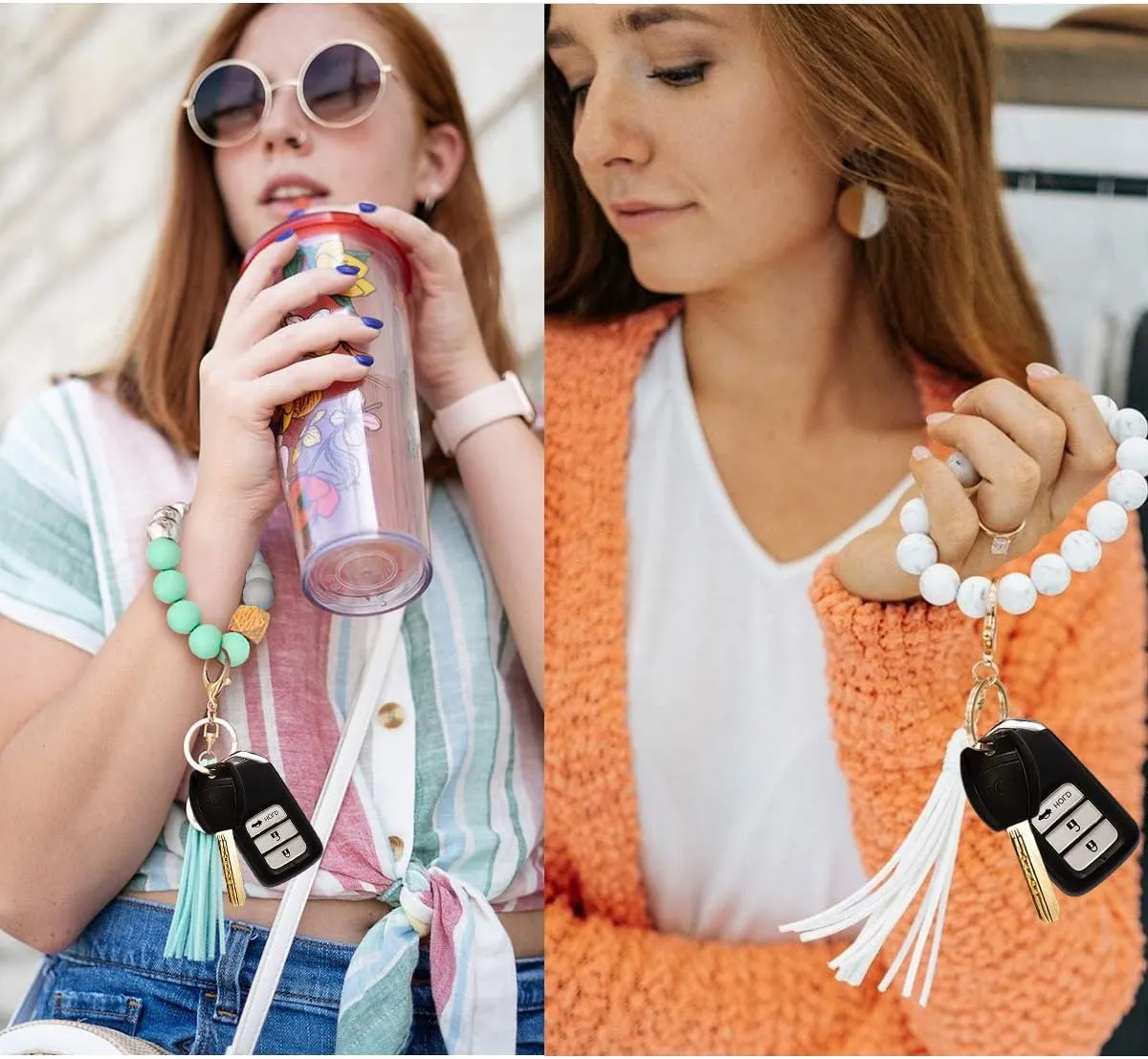 NVENF Silicone Key Ring Bracelet Beaded Wrislet Keychain Portable House Car Keys Ring Holder