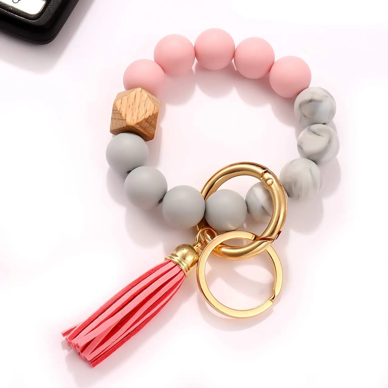 NVENF Silicone Key Ring Bracelet Beaded Wrislet Keychain Portable House Car Keys Ring Holder