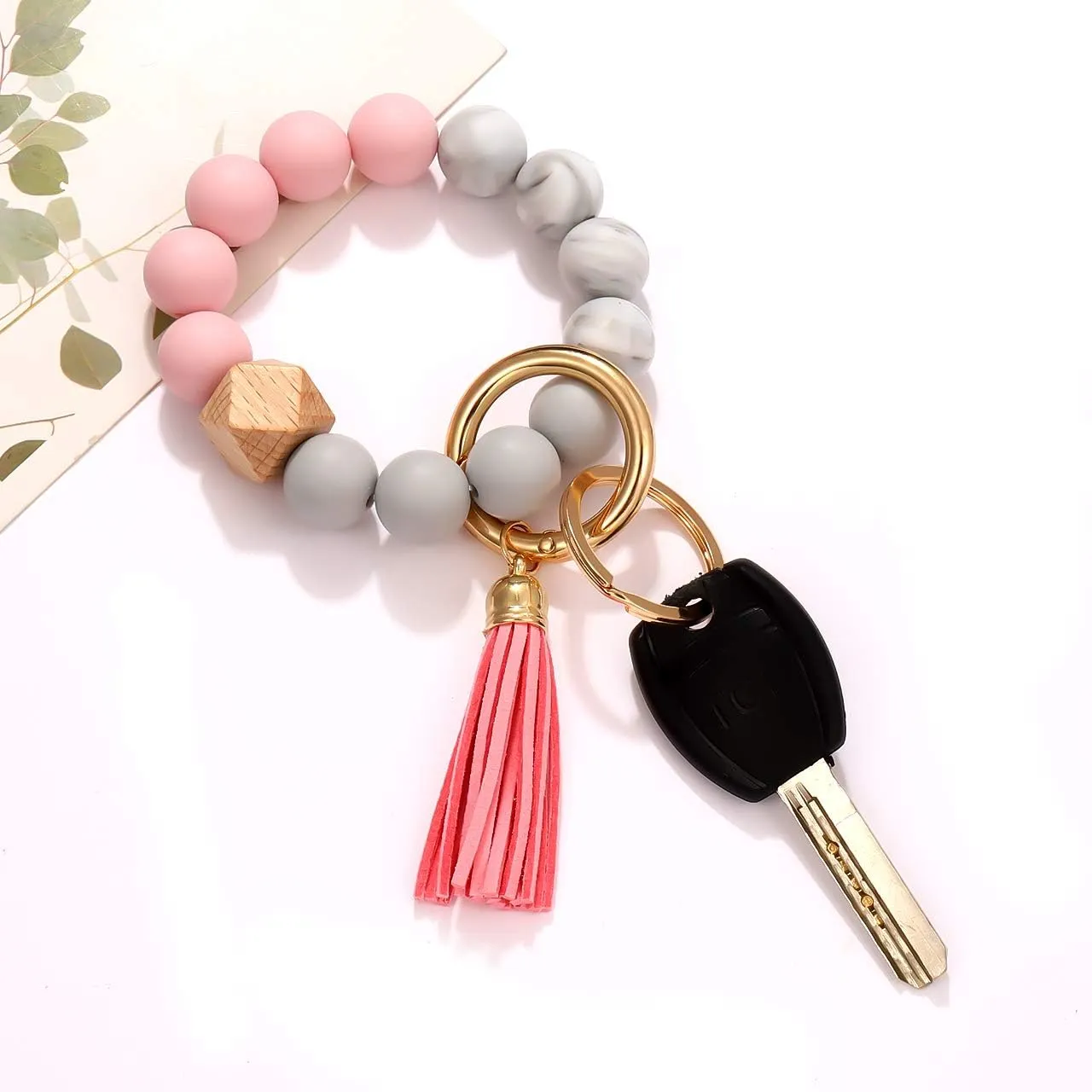 NVENF Silicone Key Ring Bracelet Beaded Wrislet Keychain Portable House Car Keys Ring Holder