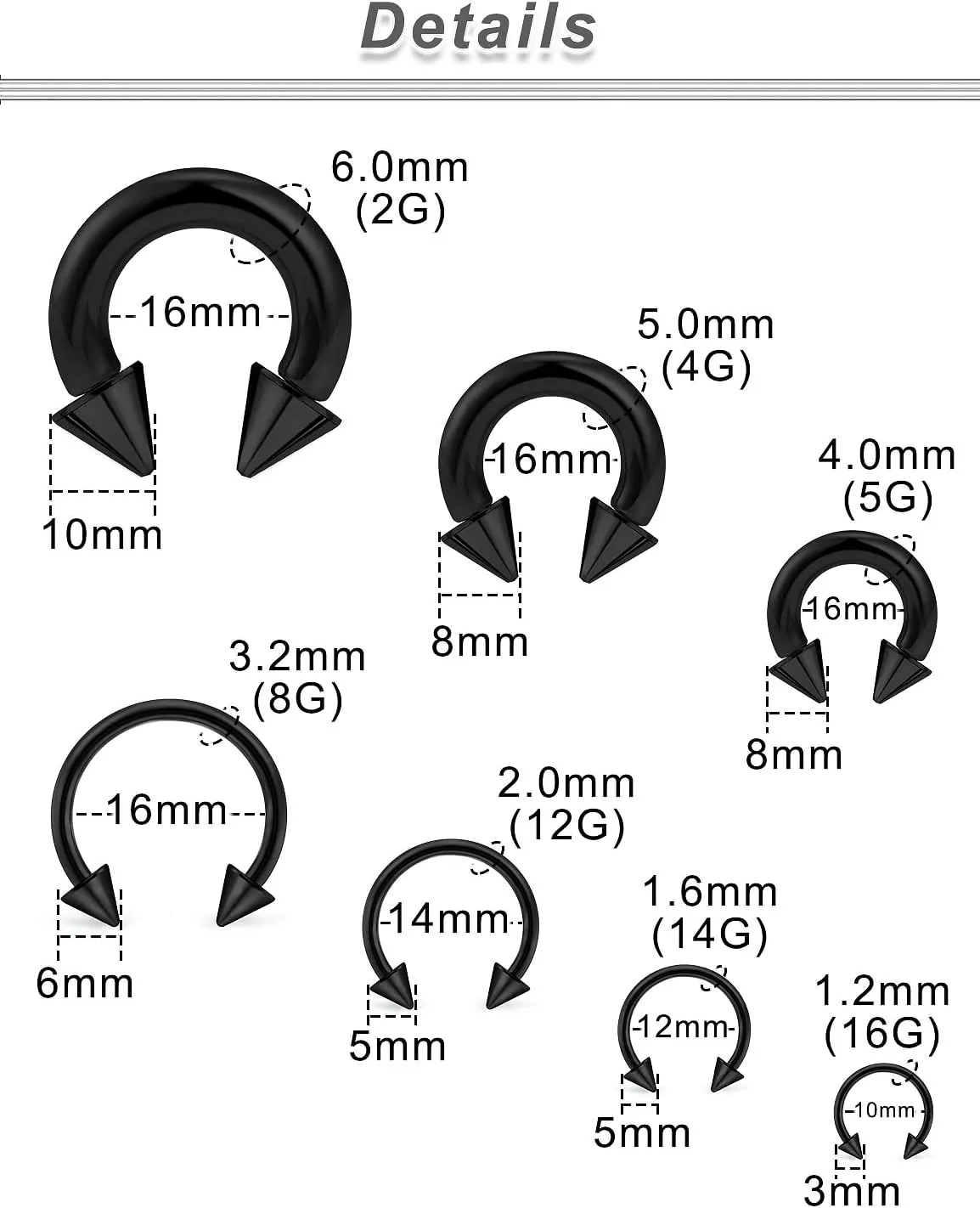 Ocptiy 0G 2G 4G 6G 8G 12G 14G 16G Septum Stretching Kit Surgical Steel Horseshoe Gauges Piercing Kit for Women Men