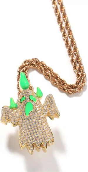 Oil Dripping Glow-In-The-Dark Ghost Pendant Necklace, Niche Street Personalised Diamond Encrusted Cartoon Chain Jewellery