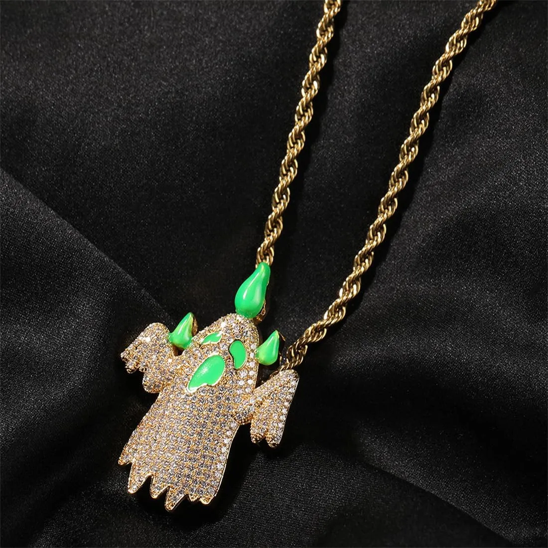 Oil Dripping Glow-In-The-Dark Ghost Pendant Necklace, Niche Street Personalised Diamond Encrusted Cartoon Chain Jewellery
