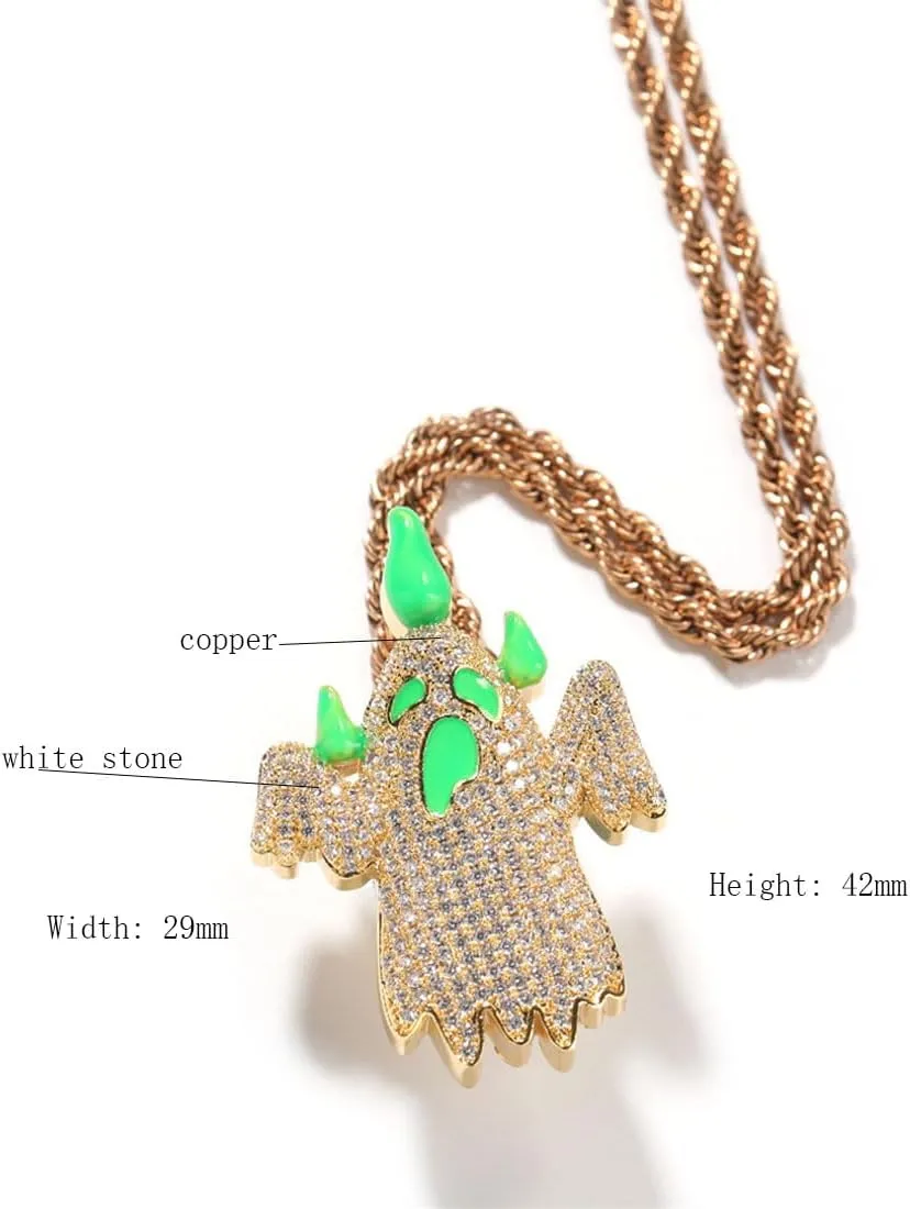 Oil Dripping Glow-In-The-Dark Ghost Pendant Necklace, Niche Street Personalised Diamond Encrusted Cartoon Chain Jewellery