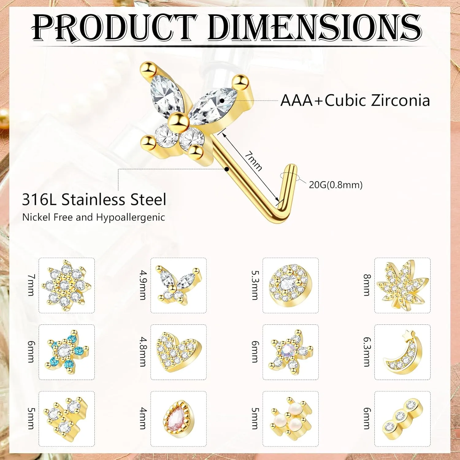 ONESING 12Pcs 20G Nose Rings L Shaped Stainless Steel Nose Stud Set with Flower Butterfly Moon Nose Rings Stud Body Piercing Jewelry for Women Men