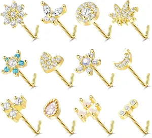 ONESING 12Pcs 20G Nose Rings L Shaped Stainless Steel Nose Stud Set with Flower Butterfly Moon Nose Rings Stud Body Piercing Jewelry for Women Men